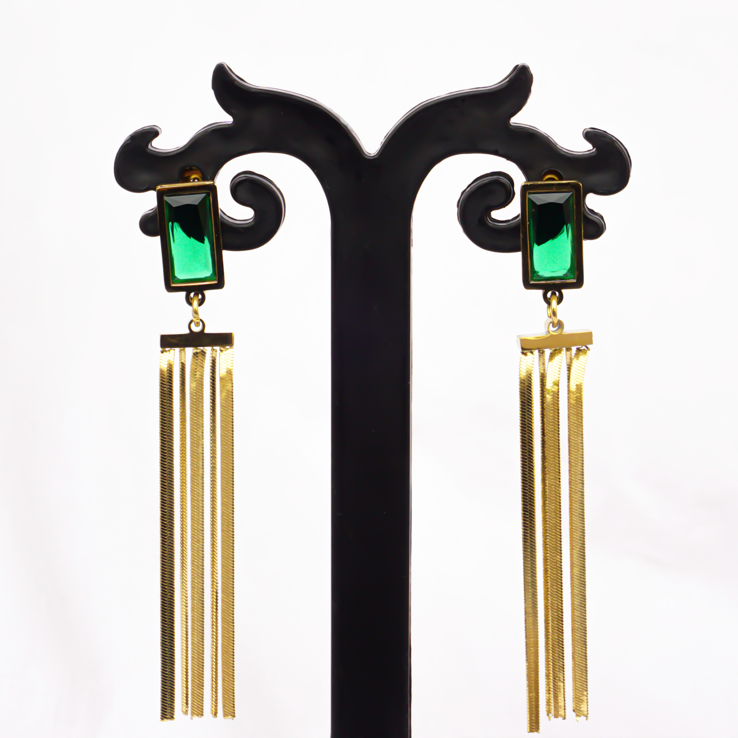 Elegant Emerald Green & Gold Tassel Drop Earrings