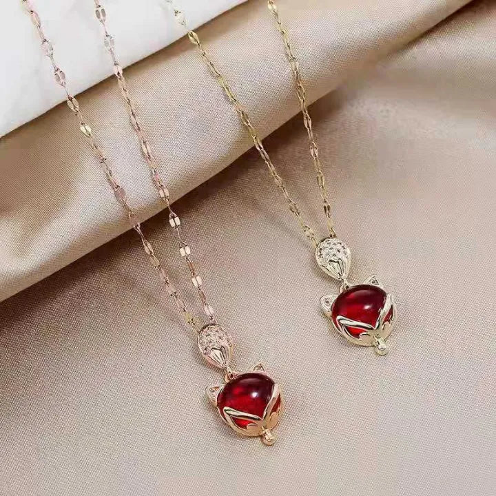 Elegant Red Cat Pendant Necklace - Rose Gold Plated