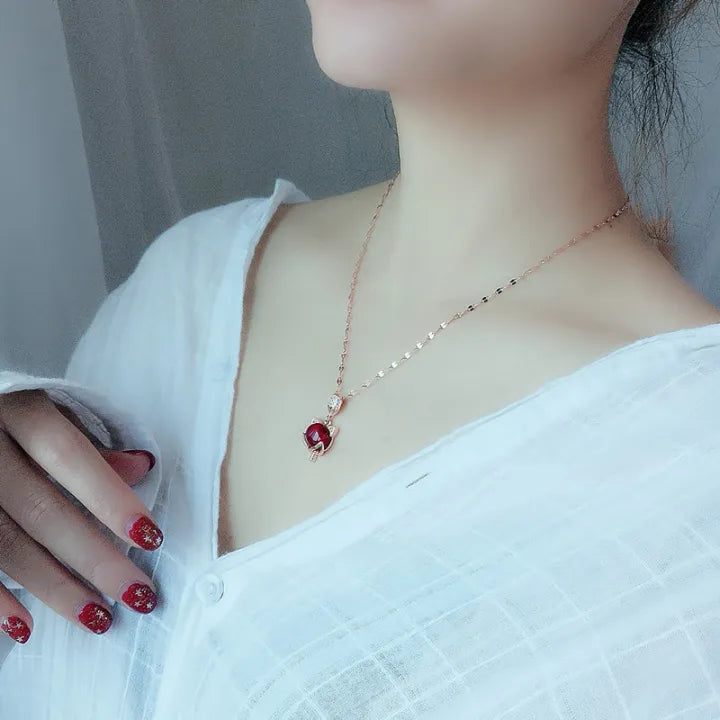 Elegant Red Cat Pendant Necklace - Rose Gold Plated