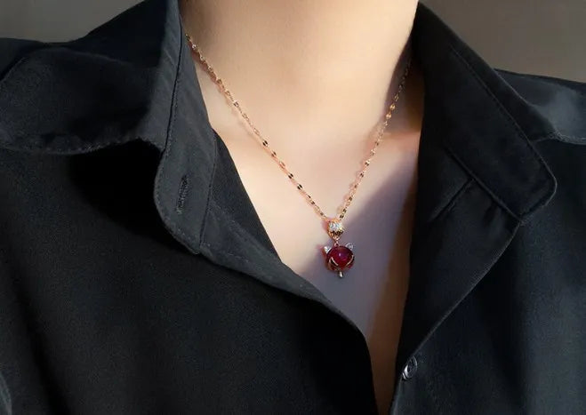 Elegant Red Cat Pendant Necklace - Rose Gold Plated