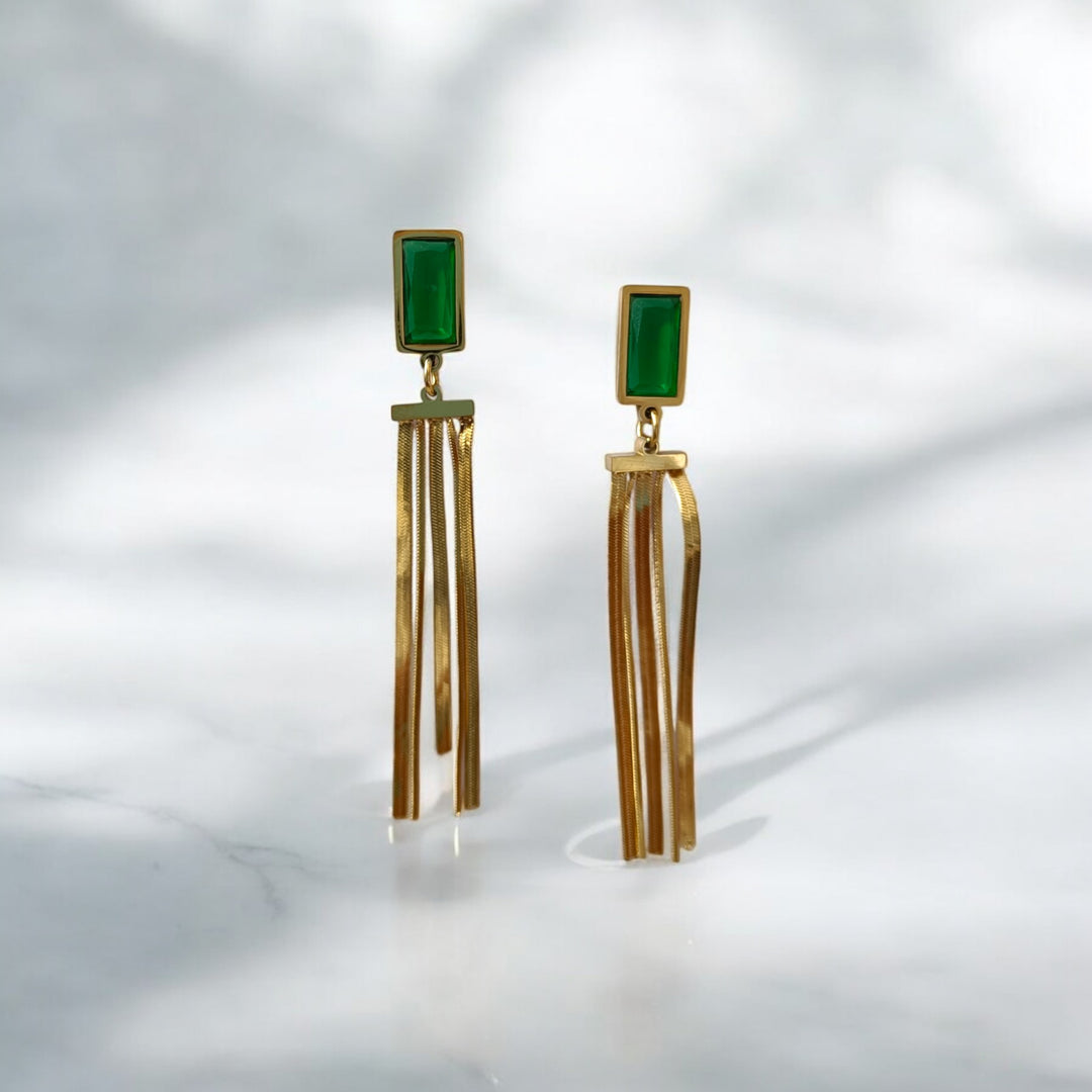 Elegant Emerald Green & Gold Tassel Drop Earrings
