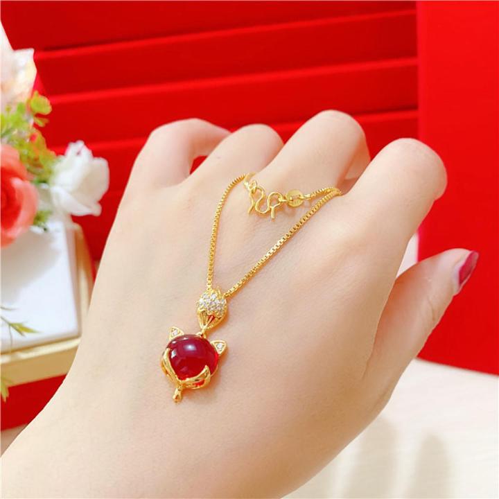Elegant Red Cat Pendant Necklace - Rose Gold Plated