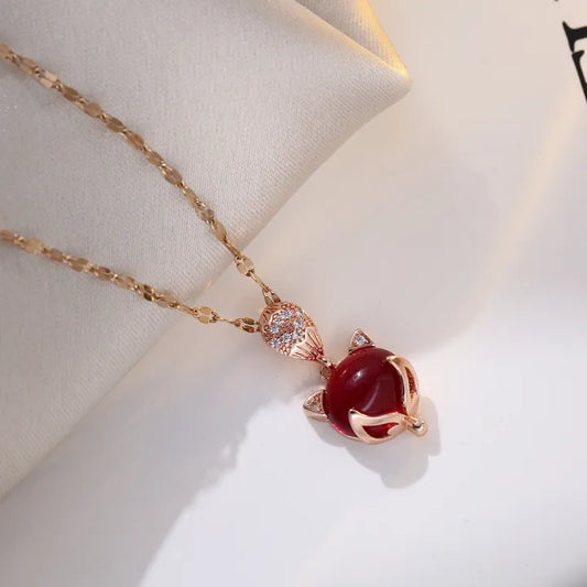 Elegant Red Cat Pendant Necklace - Rose Gold Plated