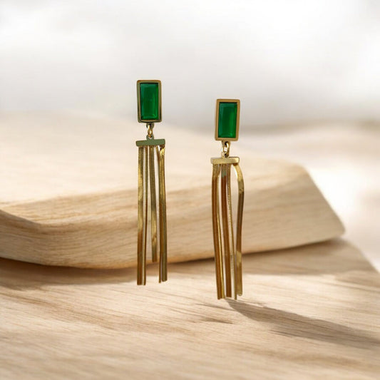 Elegant Emerald Green & Gold Tassel Drop Earrings